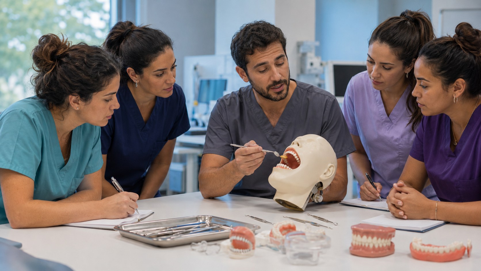 Alumno adulto estudiando higiene bucodental
